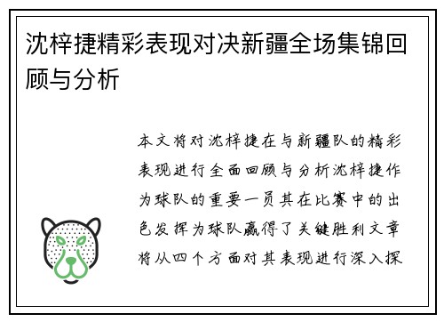 沈梓捷精彩表现对决新疆全场集锦回顾与分析